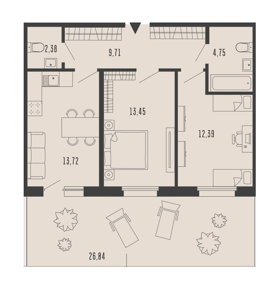 2-комнатная квартира 64.21 м², 1/5 эт., Комплекс апартаментов «Bereg. Курортный»